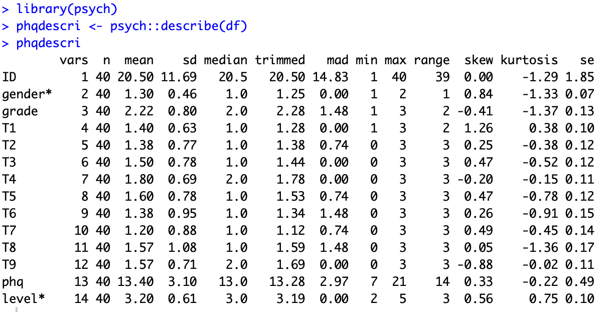 利用 psych 包进行描述性统计